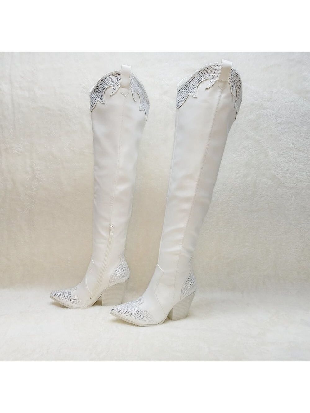 Primal Sexy White OTK Thigh Boots With Rhinestone Trims Country Western Cowgirl